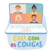 a laptop with a group of people on the screen and the words call com os colegas