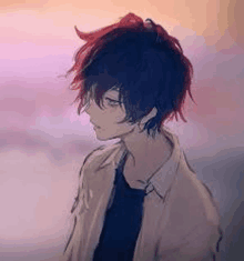 a drawing of a boy with red hair standing in front of a cloudy sky .