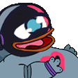 a cartoon duck wearing a helmet and headphones is holding a pink heart .