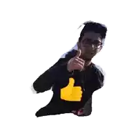 a man is giving a thumbs up with a yellow hand behind him