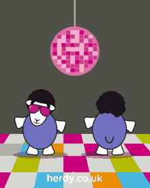 a cartoon of two sheep dancing under a disco ball with herdy.co.uk on the bottom