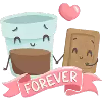 a cartoon illustration of a cup of coffee and a bar of chocolate holding hands with a forever banner behind them