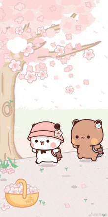 a panda and a bear are standing next to each other under a cherry blossom tree .