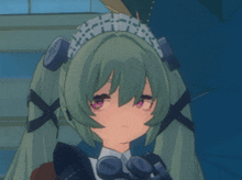 a girl with green hair and purple eyes wearing a maid costume