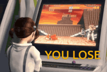 a girl is playing a video game with the words you lose on the screen