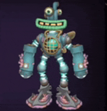 a cartoon robot with a green head and arms is standing on a dark background .