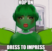 a girl with green hair is wearing headphones and has the words hop on dress to impress above her