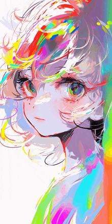 a painting of a girl with a rainbow hair color