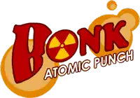 a logo for bonk atomic punch shows a nuclear symbol