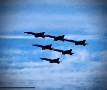 a group of fighter jets flying in a row in the sky