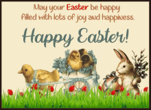 a happy easter greeting card with a rabbit and chicks in a cart