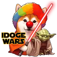 a dog wearing a clown wig and holding a lightsaber with the words idoge wars above it