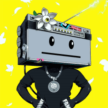 a cartoon character with a boombox on his head and a flower on it