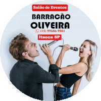 a man and a woman singing into microphones in front of a sign that says barracao oliveira