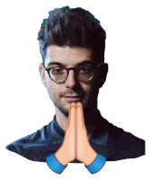 a man with glasses is praying with his hands together