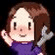 a pixel art drawing of a girl in a purple dress waving her hand .