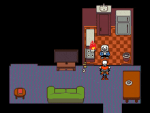 a pixel art drawing of a living room with a skeleton standing next to a couch and a table .