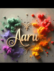 the word aaru is surrounded by smoke and hearts