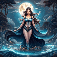 a woman in a blue dress is standing in the water with a full moon behind her .