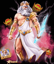 a statue of zeus holding a sword with a scatter symbol behind him