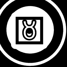 a black and white circle with a square with the letter o inside