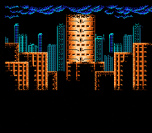 a pixel art of a city skyline with a tower in the middle