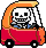 a skeleton is driving a red car in a pixel art style .