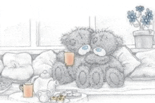 two teddy bears are sitting on a couch holding cups of tea .