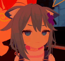 a close up of a girl 's face with a cat ear and overalls