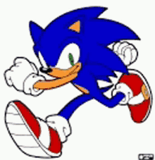 a cartoon drawing of sonic the hedgehog running on a white background .