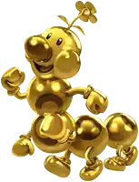 a gold cartoon character with a flower on top of it