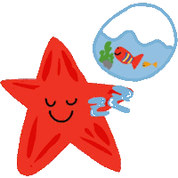 a red starfish is smiling and looking at a fish in a fish bowl