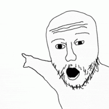 a black and white drawing of a man with a beard pointing .