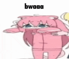 a cartoon of a girl in a pink cat costume with the words bwaaa written above her .