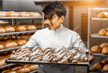 a baker with a long nose holds a tray of croissants