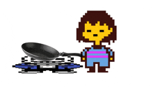 a pixel art of frisk holding a frying pan