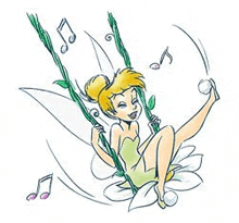 tinkerbell is sitting on a flower on a swing with music notes .