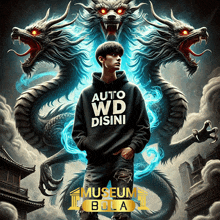 a man in a black hoodie that says auto wd disini stands in front of two dragons