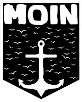 a black and white emblem with an anchor and birds and the word moin