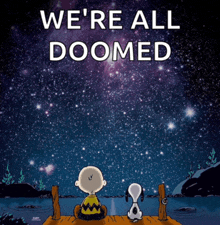 a cartoon of charlie brown and snoopy sitting on a dock looking at the stars