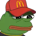 a frog wearing a red mcdonald 's hat is looking at the camera .