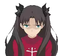 a girl with long black hair and blue eyes is wearing a red sweater with a cross on it .