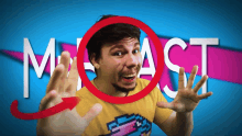 a man in a yellow shirt with a red circle around his face with the word moast behind him