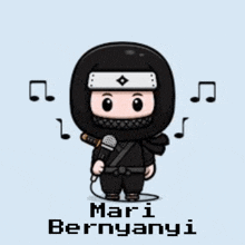 a cartoon of a ninja holding a microphone with music notes behind him .