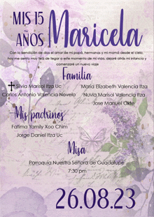 a purple invitation for mis 15 anos maricela with the date 26.08.23