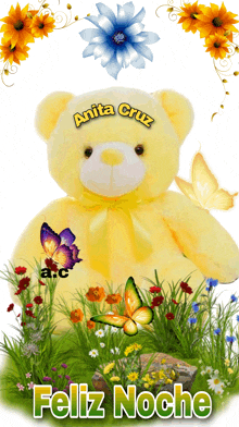 a yellow teddy bear with the name anita cruz on its chest