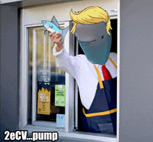 a man holding a fish in front of a window with the words 2ecv pump below him