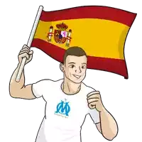 a man wearing a shirt that says droit au but holds up a spanish flag