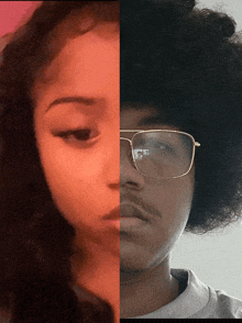 a man with glasses and an afro is next to a woman with a sad look on her face