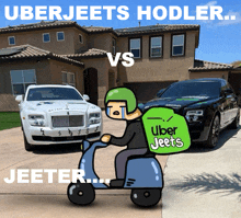 a cartoon of a man on a scooter with uber jeets on the back